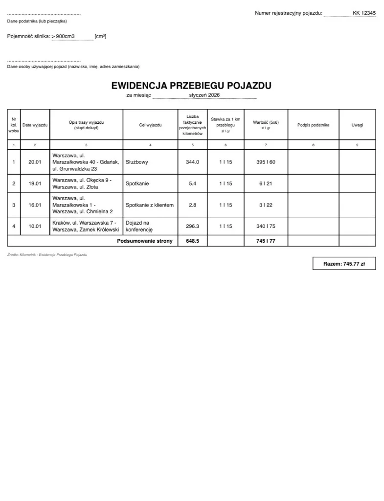 Widok wygenerowanej ewidencji przebiegu pojazdu