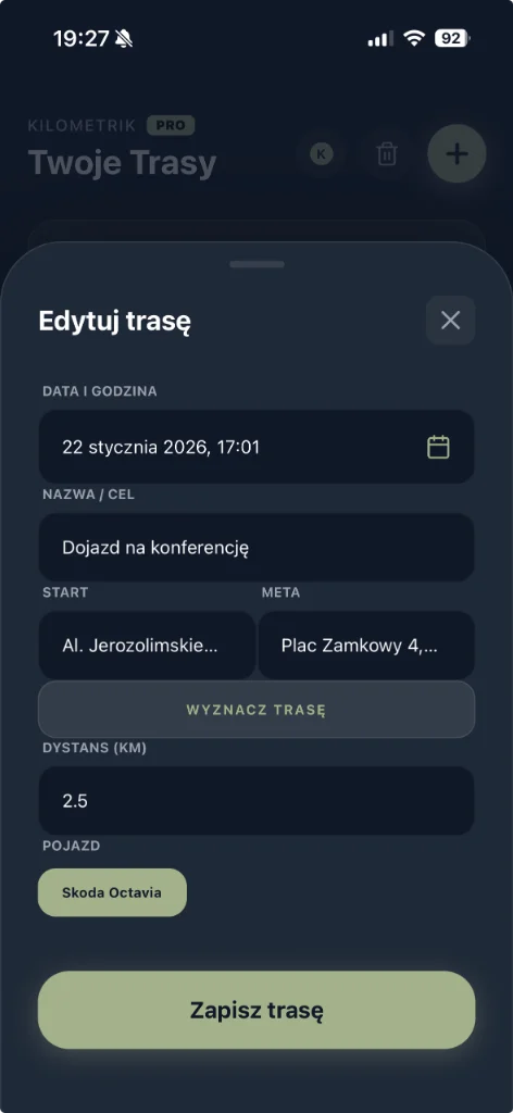 Edycja trasy w Kilometrik